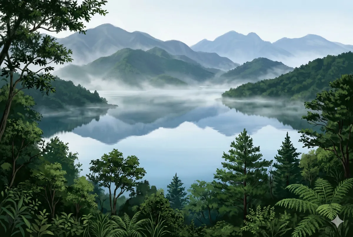 日月潭晨霧，群山環抱的湖面如鏡，濃密綠意從前景延伸至遠山