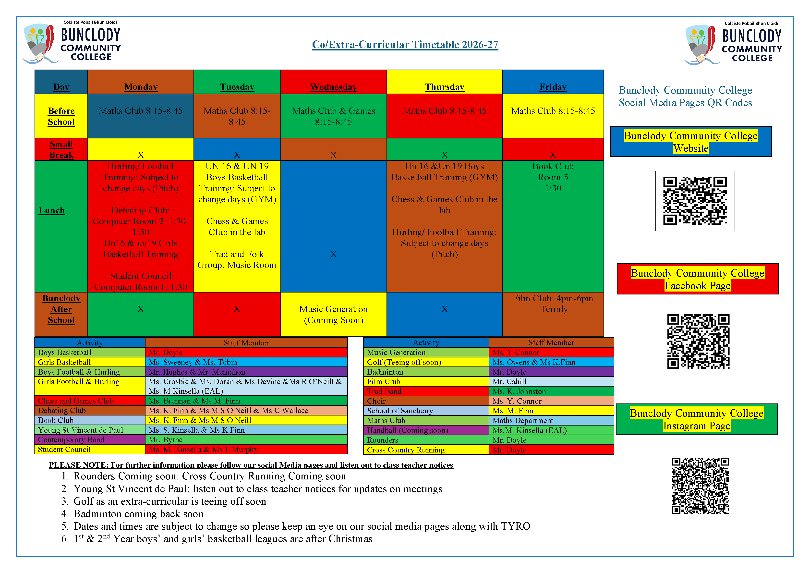 Extra Curricular Timetable 2026-2027