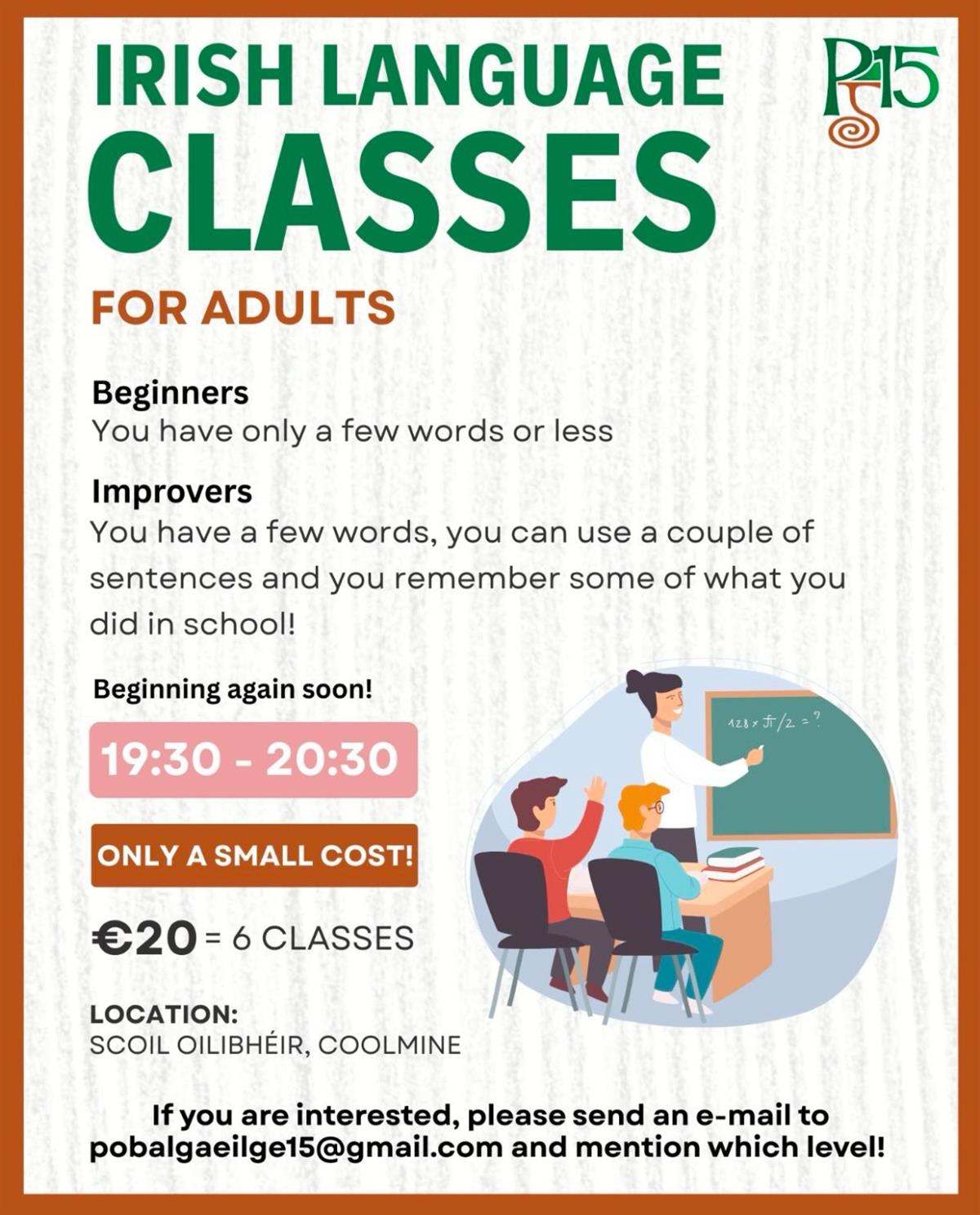 Ranganna Gaeilge do dhaoine Fasta/ Adult Irish classes All levels