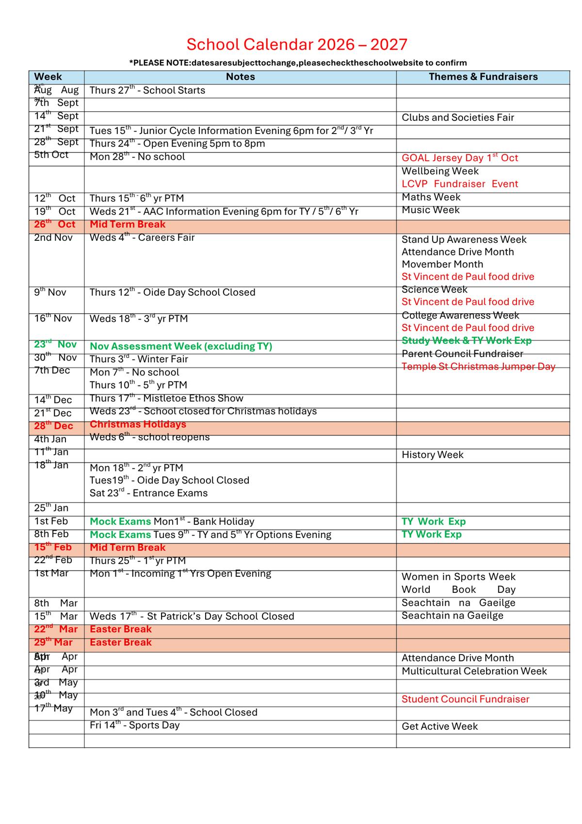 Return to School Calendar 2026/27