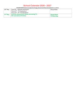 Return to School Calendar 2026/27