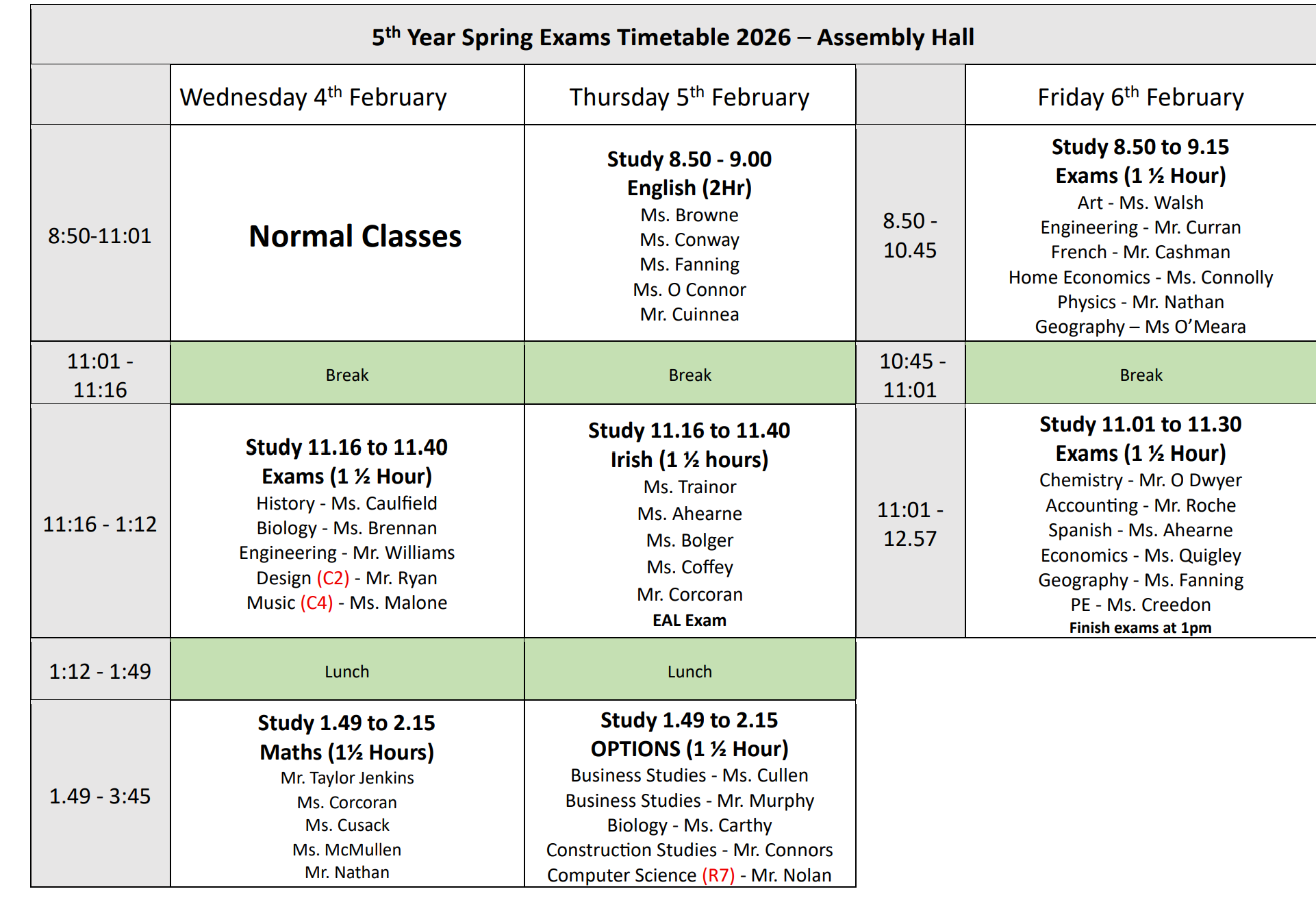 5th Year Spring Exams 2026
