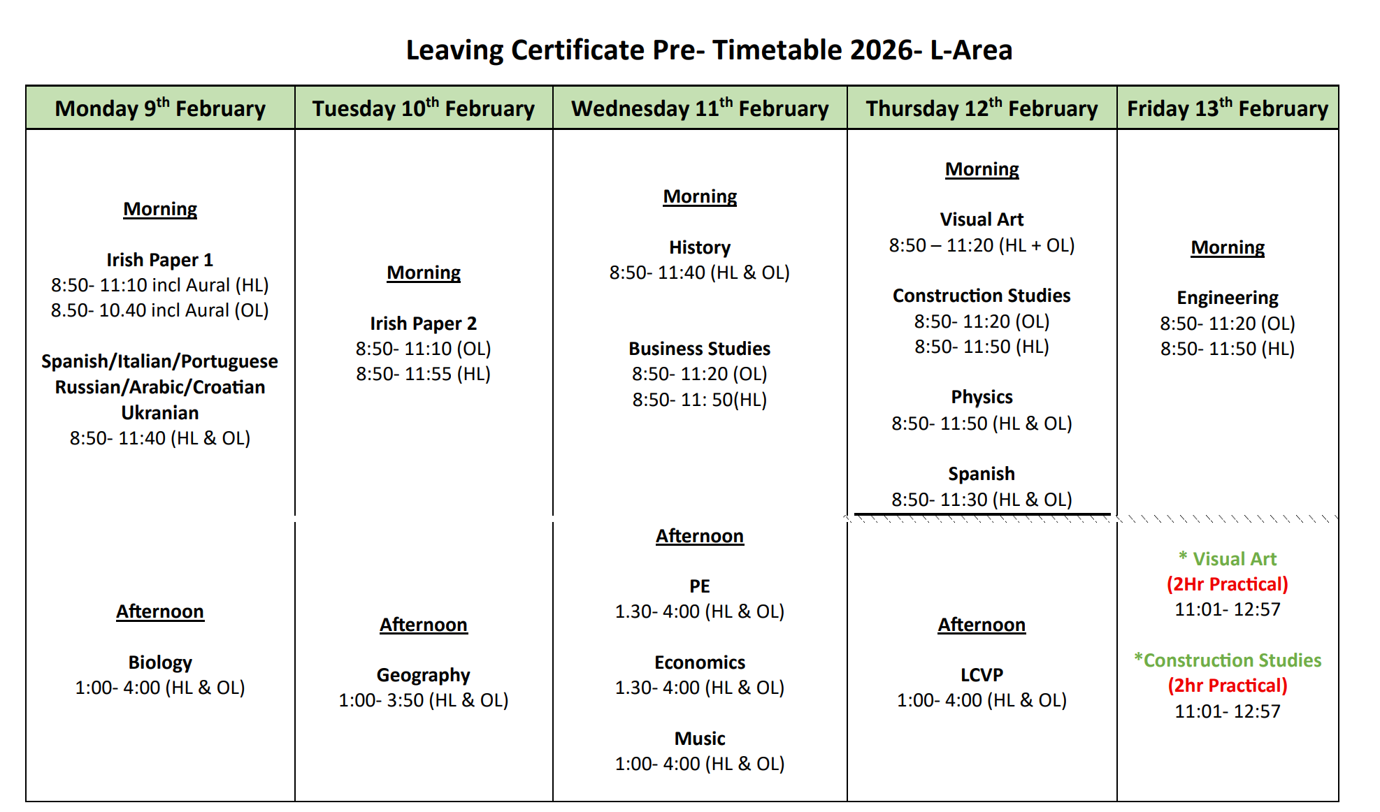 Leaving Cert Pre-Timetable 2026.