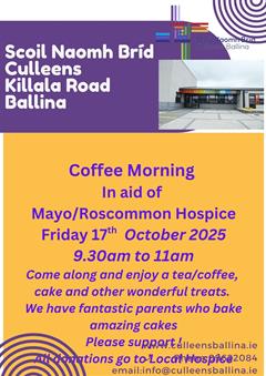 Joan Bourke and Damian Slater on behalf of Mayo Roscommon Hospice accept a cheque for our recent Hospice Coffee Morning.