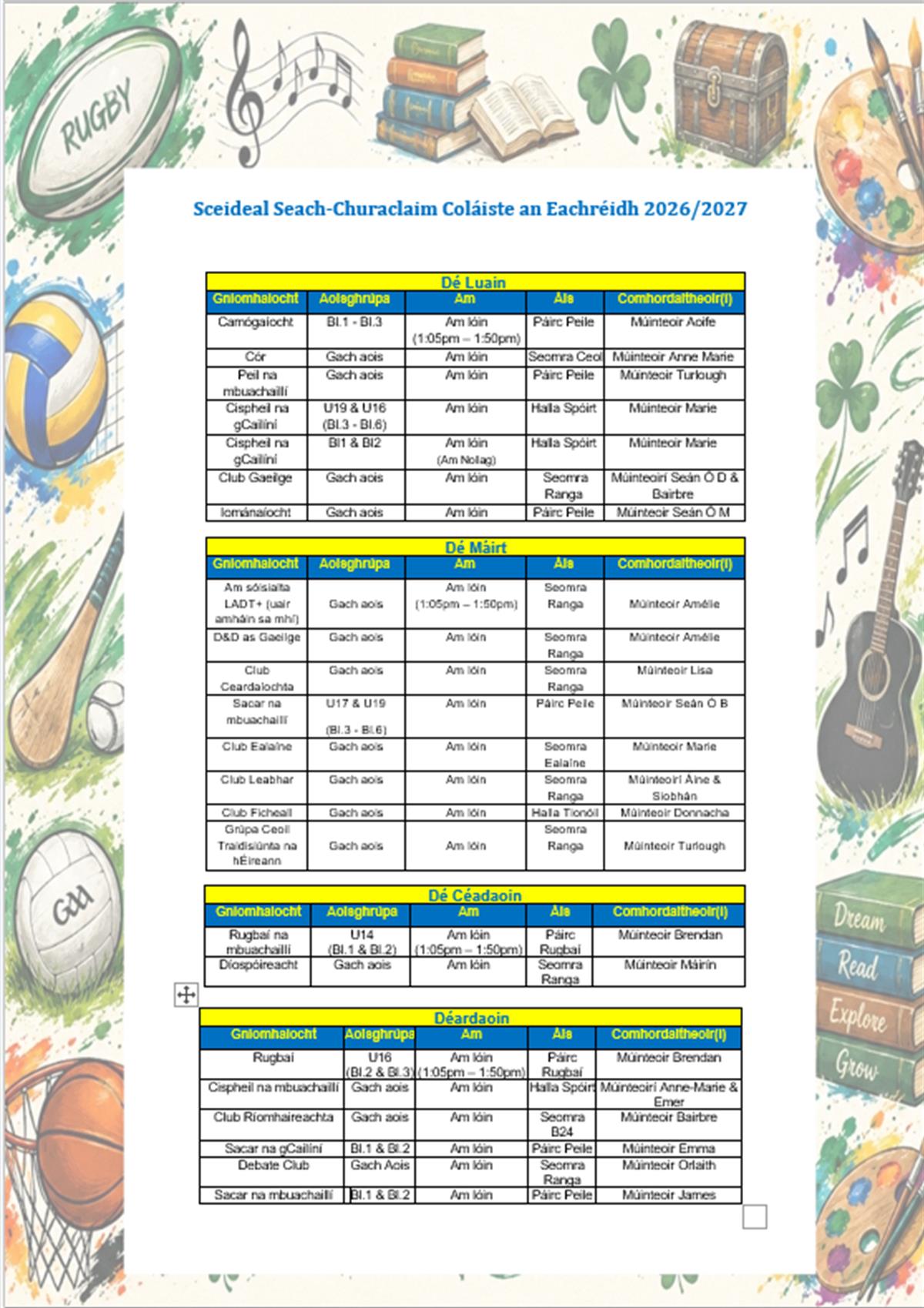 Sceideal Seach-Churaclaim Coláiste an Eachréidh 2026/2027