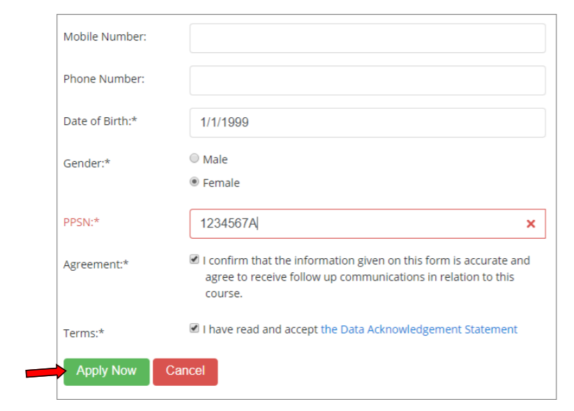 Fetch Courses application form