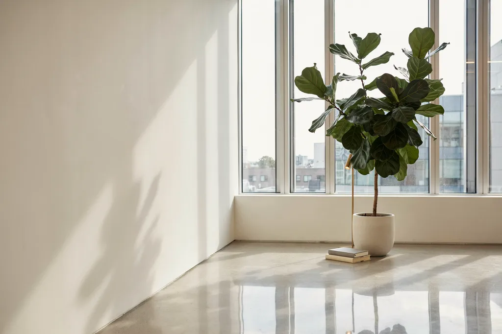 a potted fiddle-leaf fig in a sunlit room