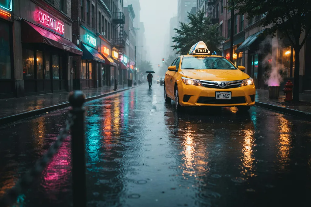 a yellow taxi on a rain-soaked city street