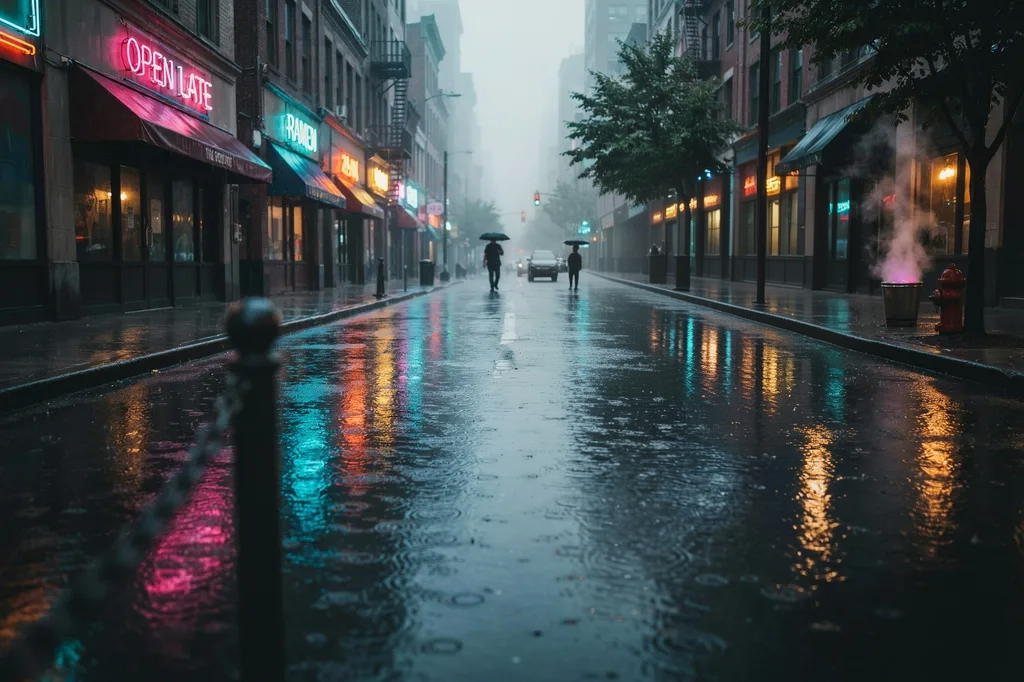 the rain-soaked street with the taxi removed