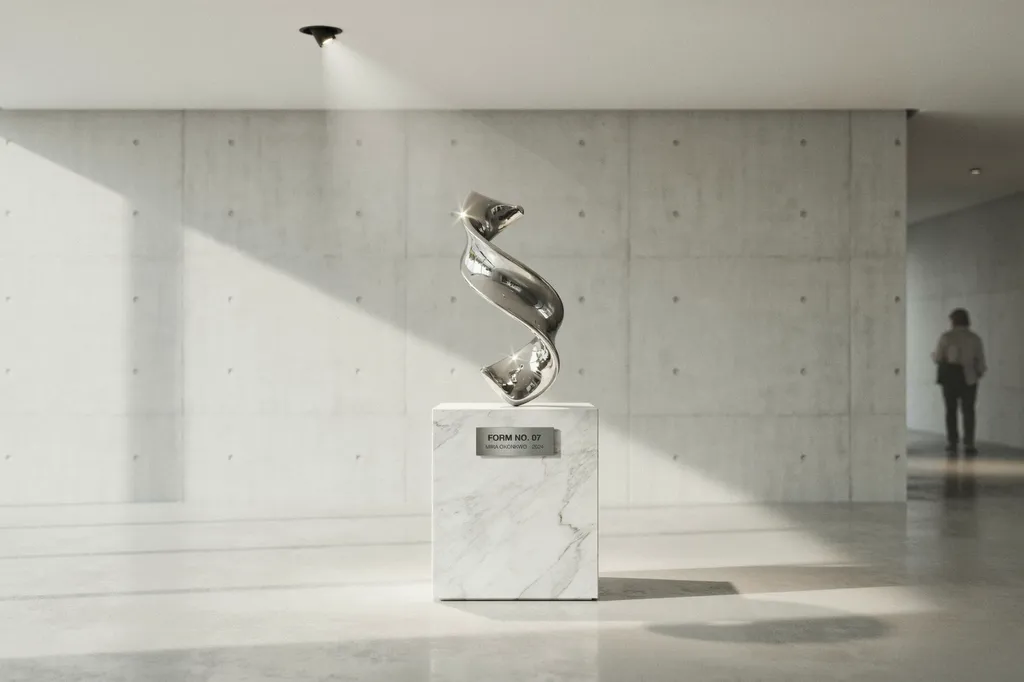 a chrome sculpture in a gallery