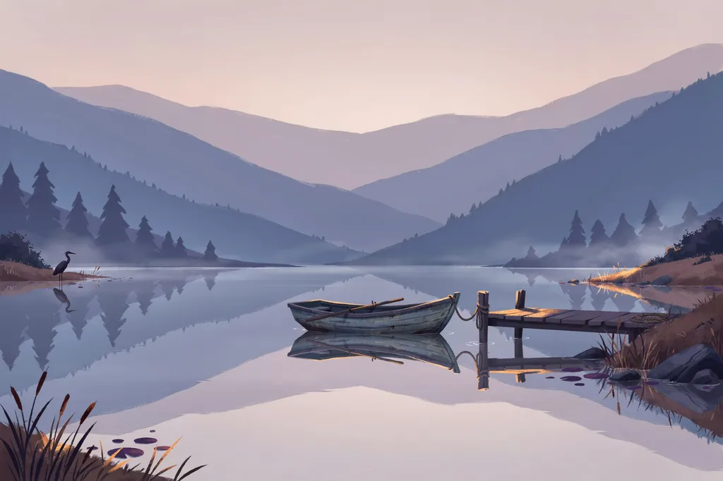 a rowboat on a mountain lake