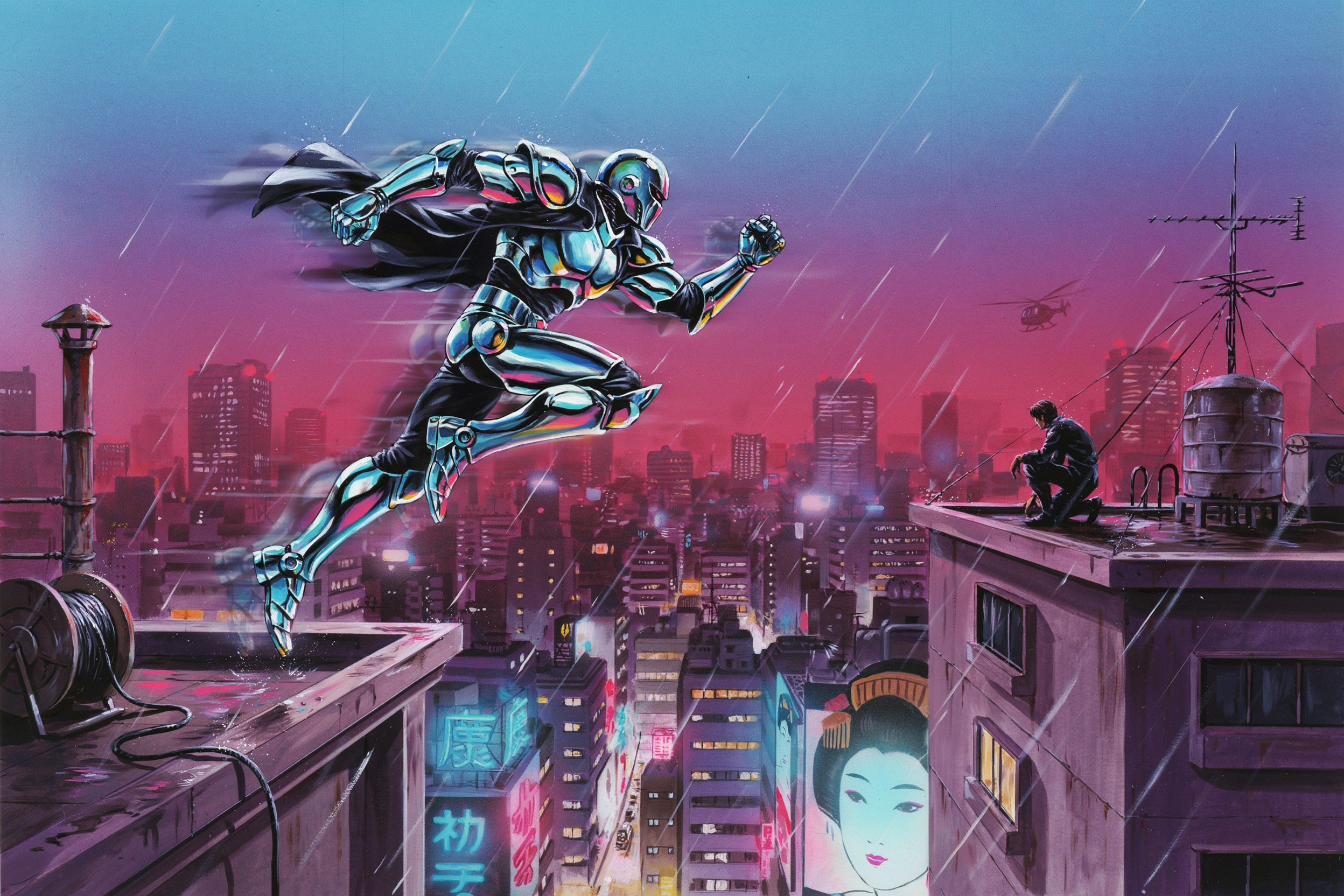 a chrome-armored figure leaping over a neon city