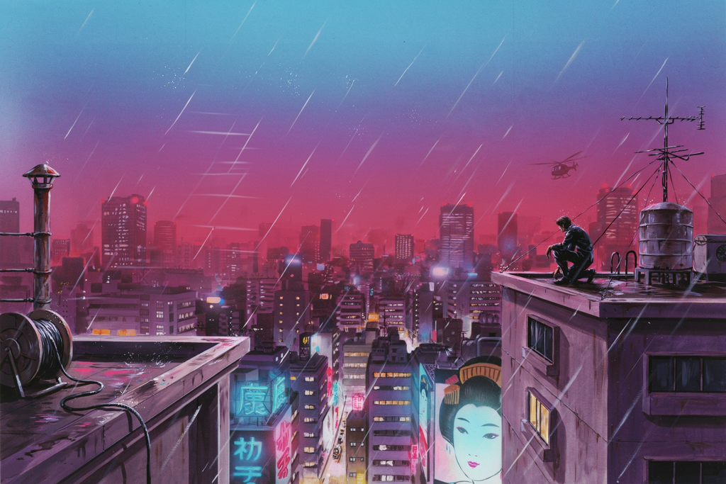 the neon city rooftop with the figure removed