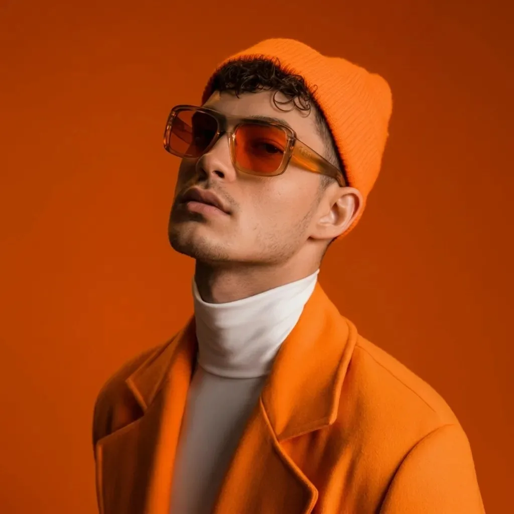 Man in an orange beanie and coat wearing tinted sunglasses