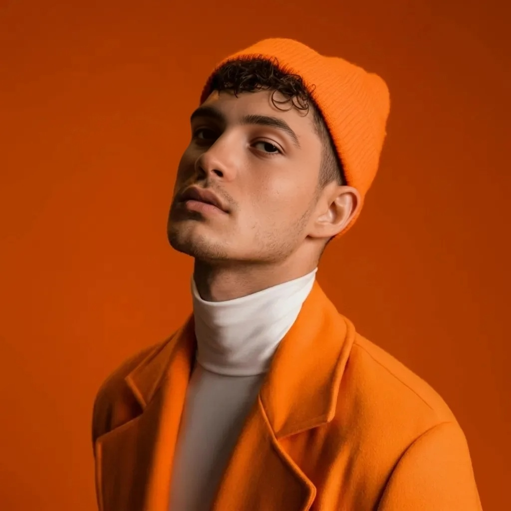 Portrait of the same man wearing an orange beanie without sunglasses