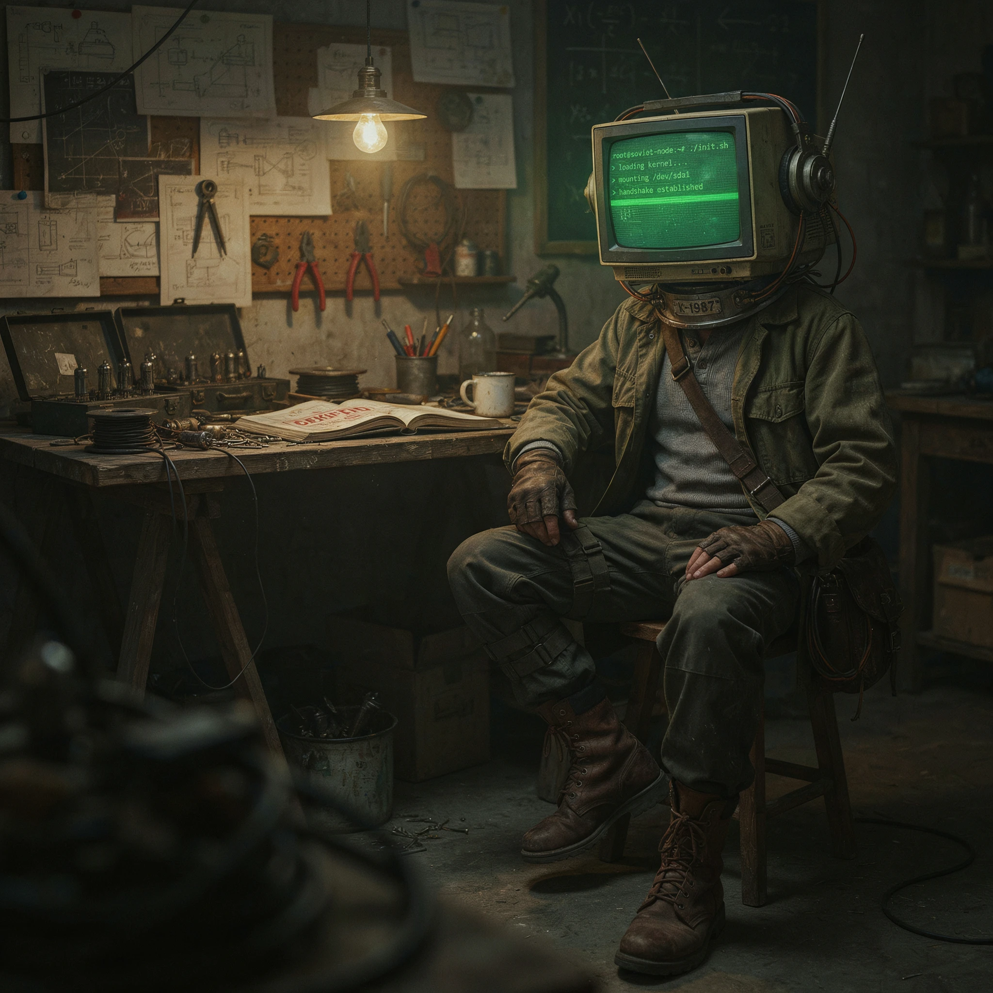 A CRT-headed retrofuturist figure sitting in a dim workshop with green terminal code on screen