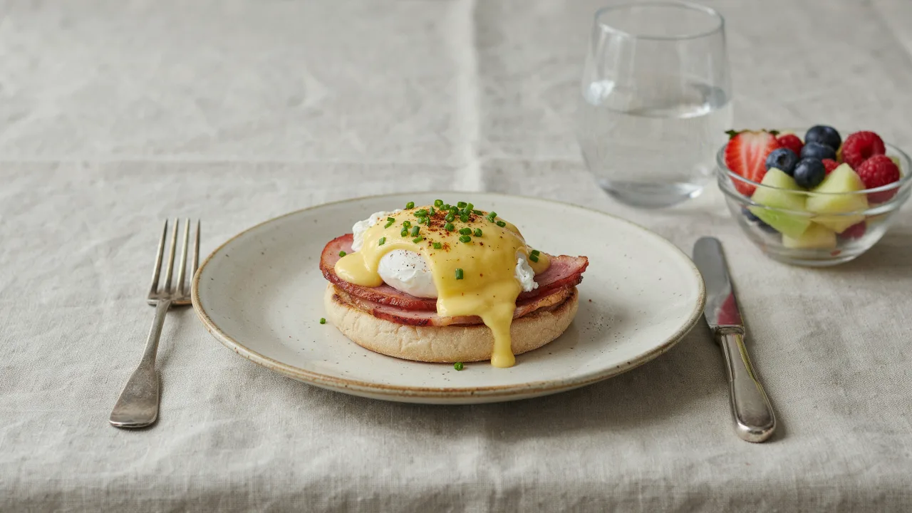 Studio photograph of Eggs Benedict on an English muffin with fruit and a glass of water