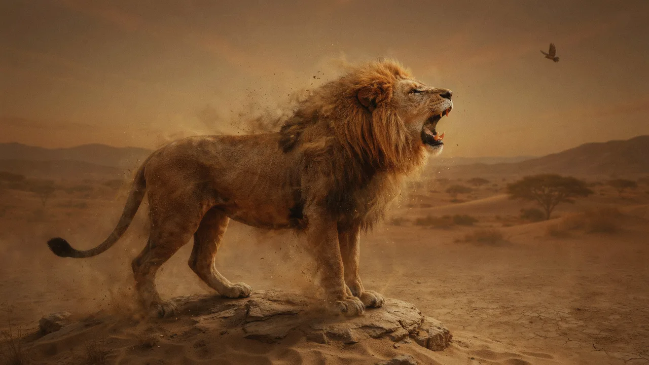 A dramatic wildlife photo of a lion made of swirling desert sand and dust caught mid-roar, dissolving at the edges, golden hour, powerful conceptual composition