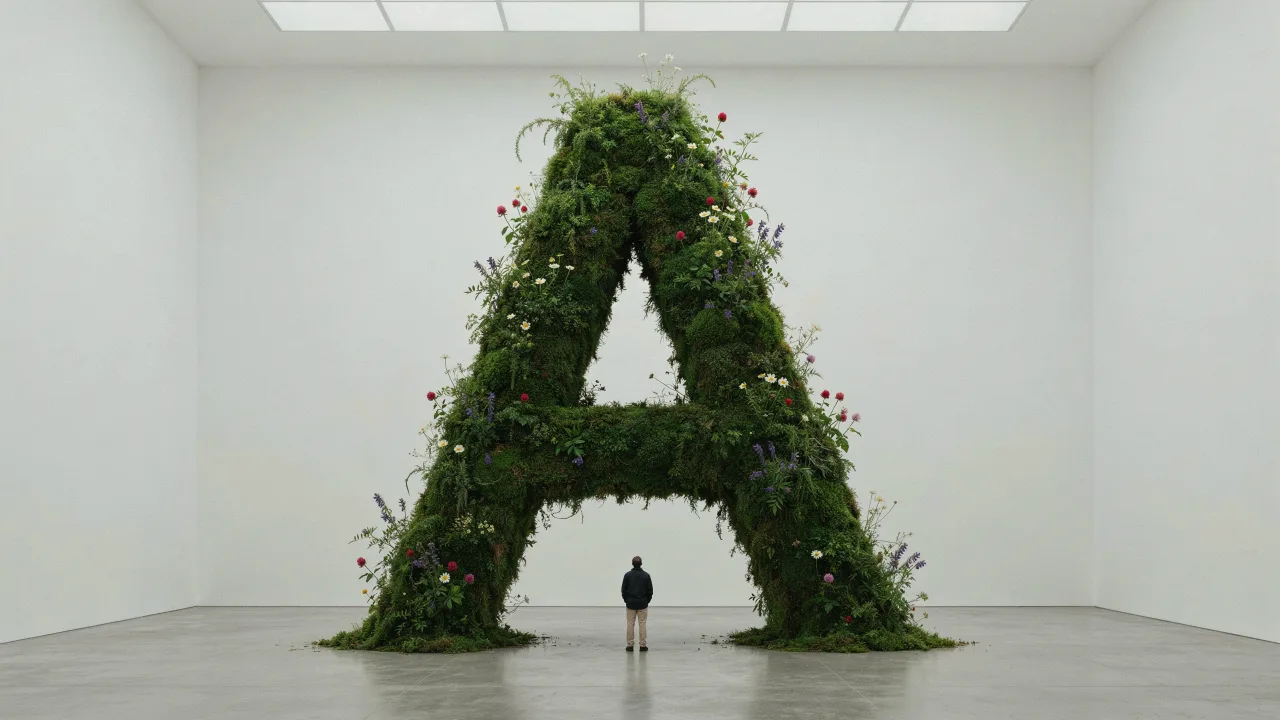 A giant sculptural typographic "A" made of overgrown moss and blooming wildflowers standing in an empty white gallery, a tiny person looking up, editorial design photography