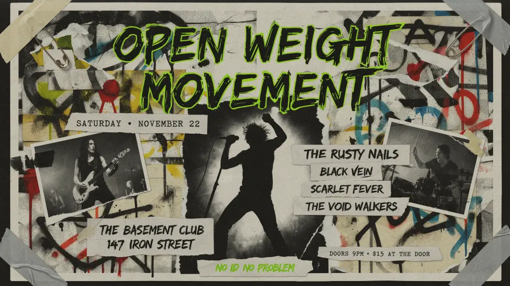 A bold gig poster for a punk rock show, distressed collage aesthetic, xerox texture, angular hand-drawn lettering "open weight movement", high contrast black white and acid green