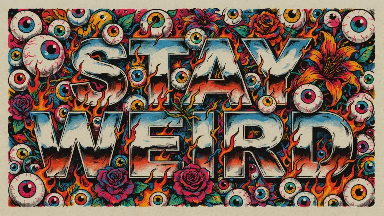 A maximalist type poster: "STAY WEIRD" built from a chaotic collage of eyeballs, flowers, flames, and chrome letters, psychedelic risograph colors, bold and loud