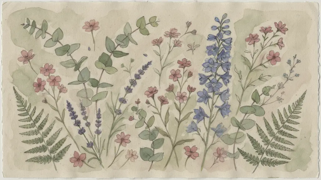 A delicate watercolor botanical study of eucalyptus and wildflowers, soft washes and fine ink detail, scattered across textured cotton paper, muted sage and blush