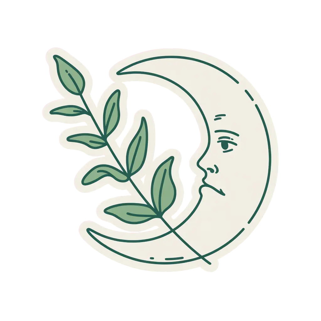 Minimalist single eucalyptus branch in the negative space of a half-moon