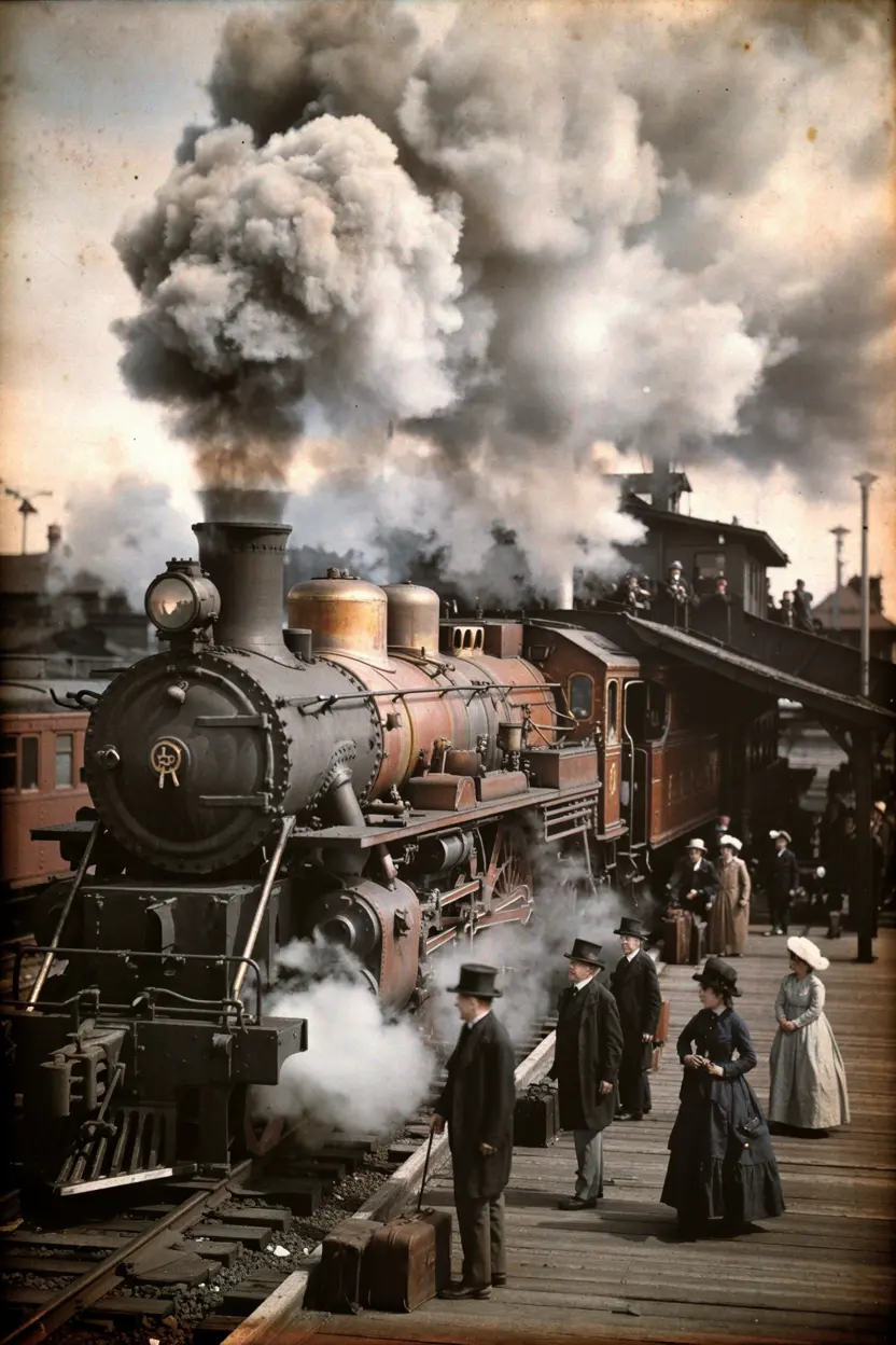 1880s steam locomotive at station platform