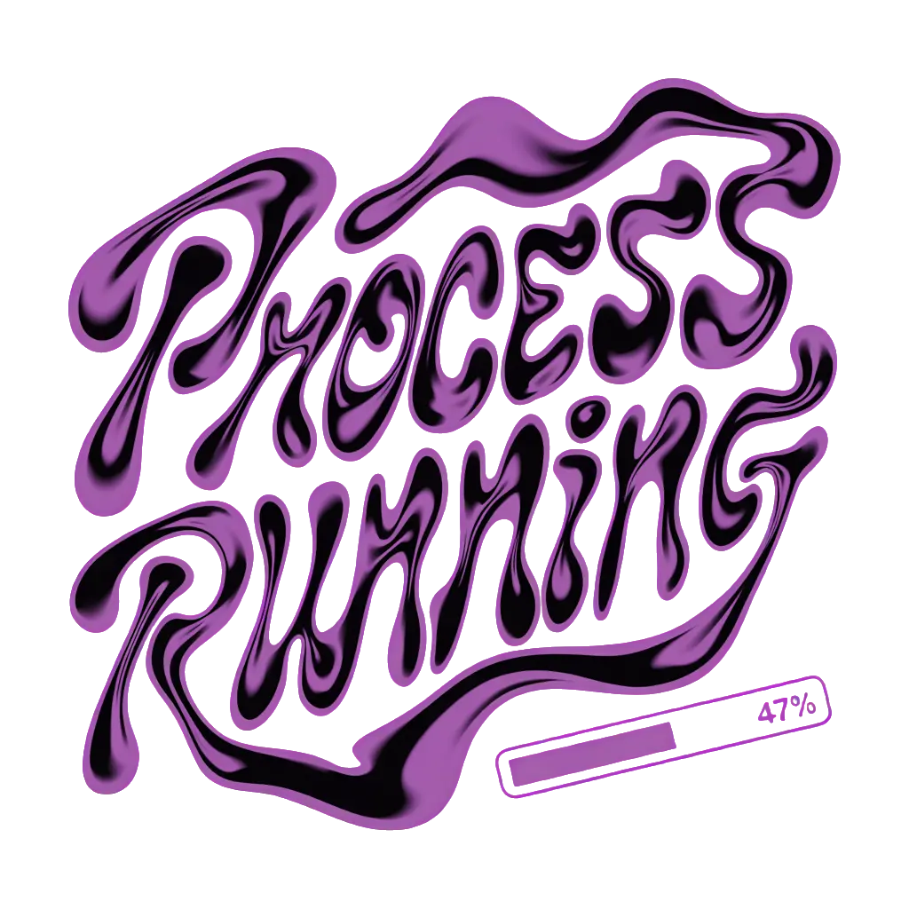Acid-graphics swirl of melted chrome type spelling 'PROCESS RUNNING'