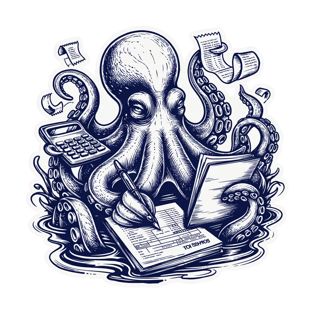 Detailed line-art octopus filing taxes with all eight arms simultaneously