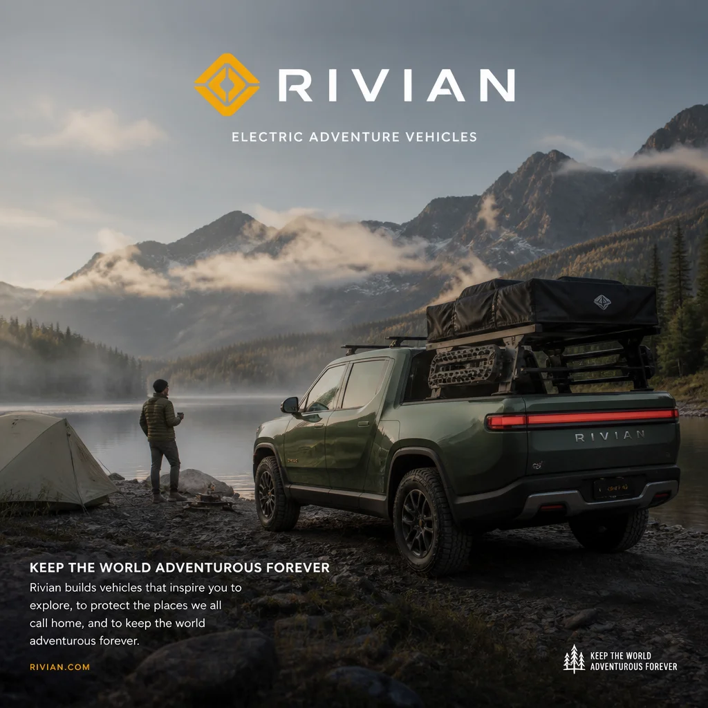 Rivian outdoor campaign featuring a truck parked beside a mountain lake at dawn.