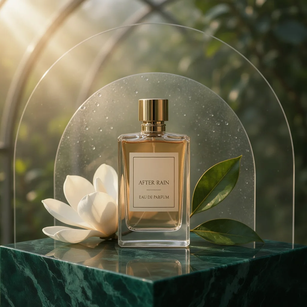 Perfume bottle, magnolia blossom, and leaves arranged on emerald marble in the supplied campaign test image.