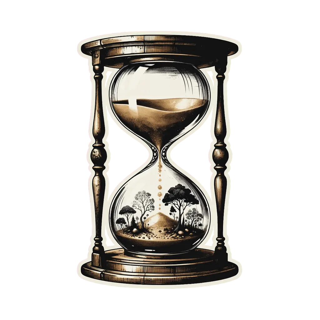 An hourglass with the sand growing into a tiny dark forest