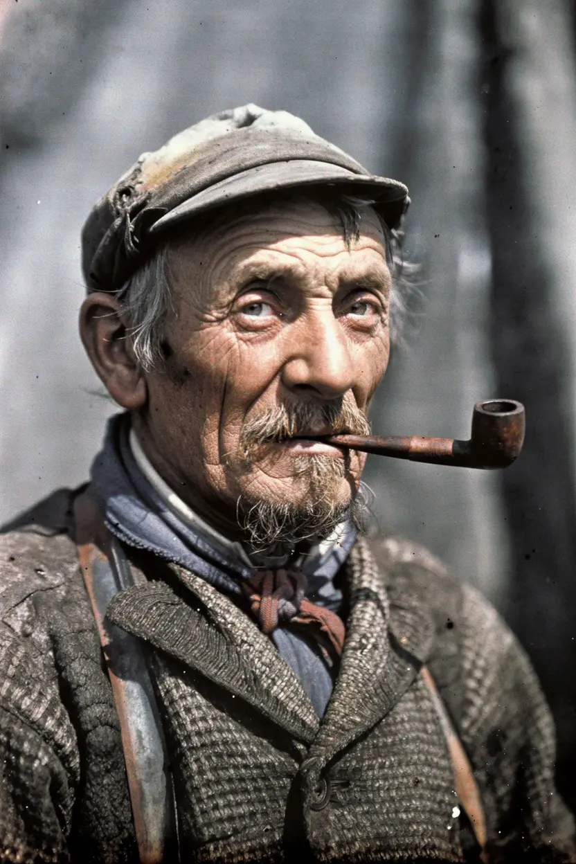 Daguerreotype portrait of elderly fisherman with pipe