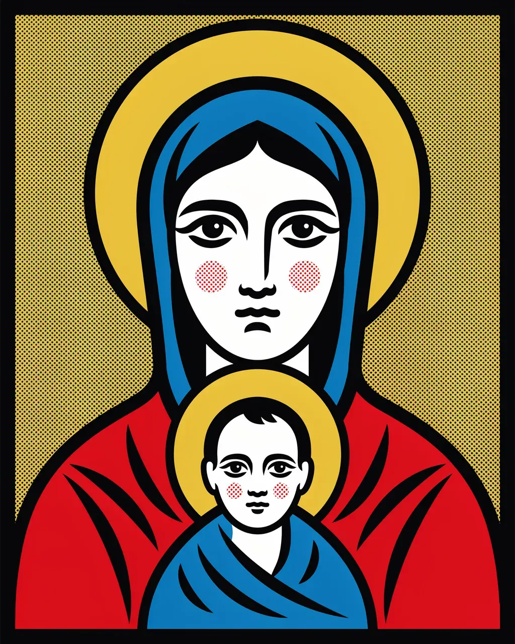 Roy Lichtenstein pop art meets Byzantine icon: a frontal Madonna and Child in gold-ground icon format rendered in Ben-Day halftone dots and bold comic ink, yellow halftone dot gold field, flat red and cobalt robes, large almond eyes in black outline, solid yellow halo.