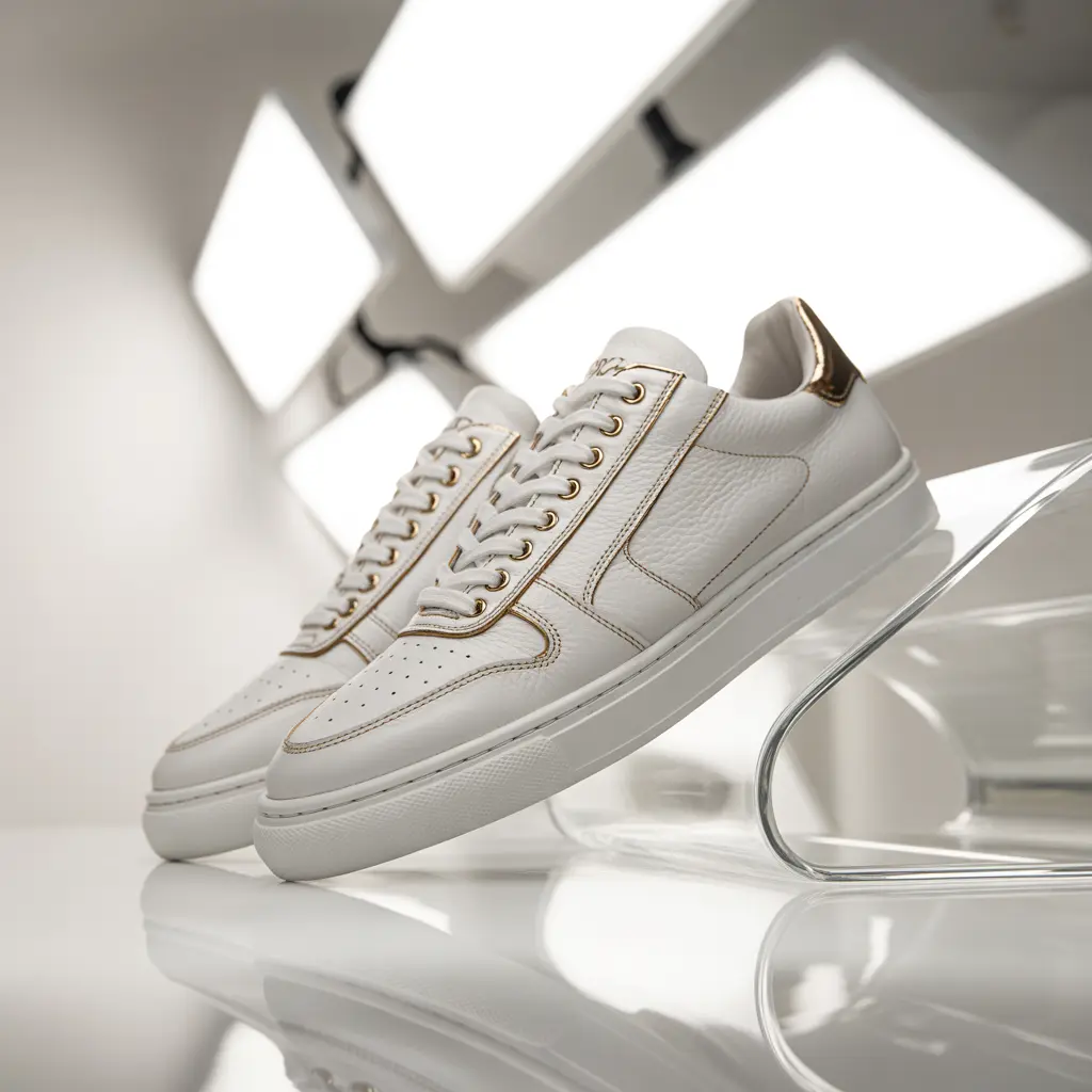 White leather sneakers on glossy reflective surface, original