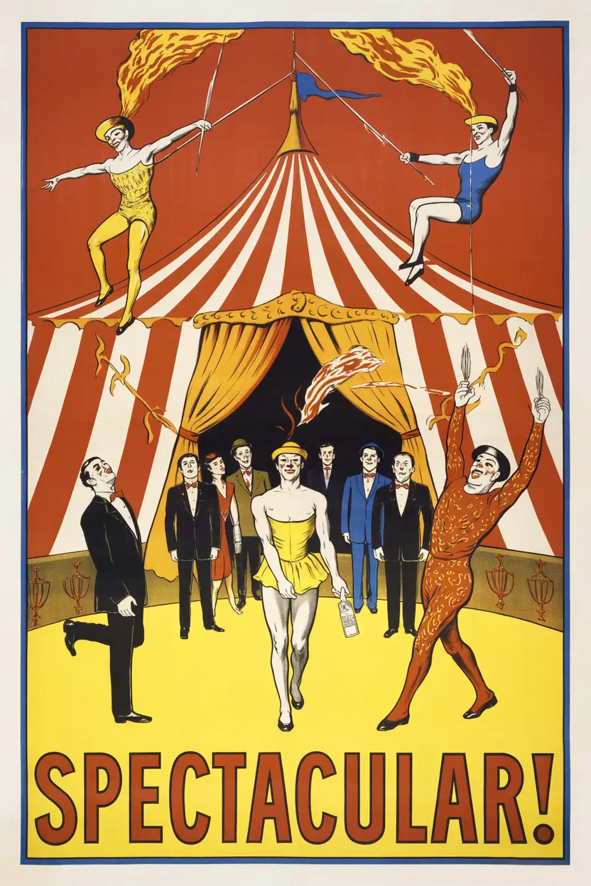 Retro circus poster with acrobats and fire eaters