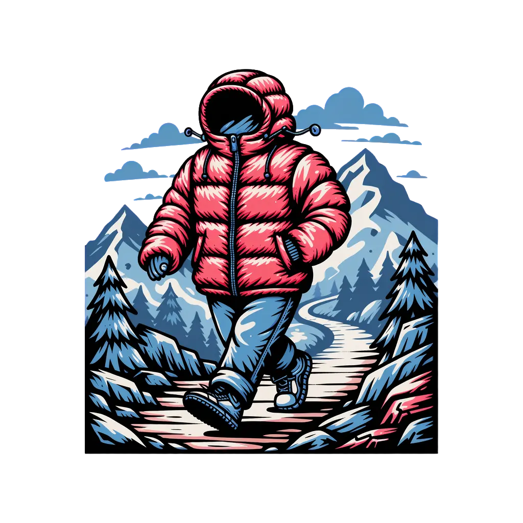 A puffy jacket walking itself down a mountain trail