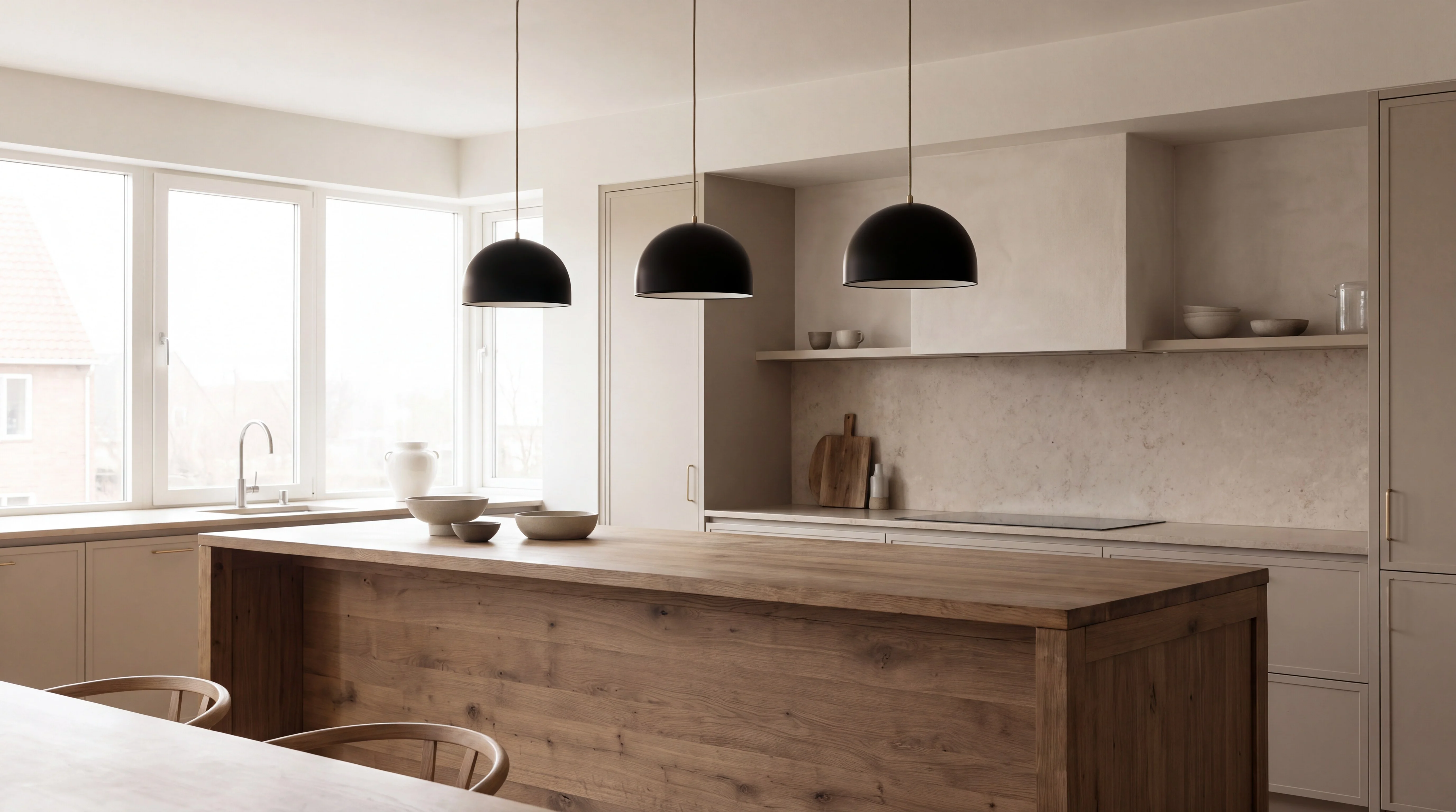The same kitchen with the three pendant shades in matte black