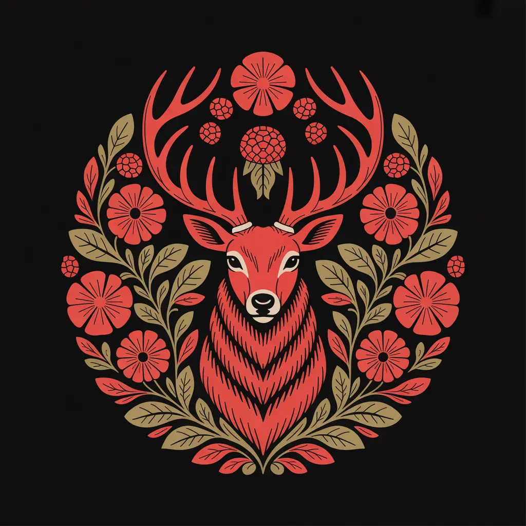 Folk-art deer in floral wreath, original