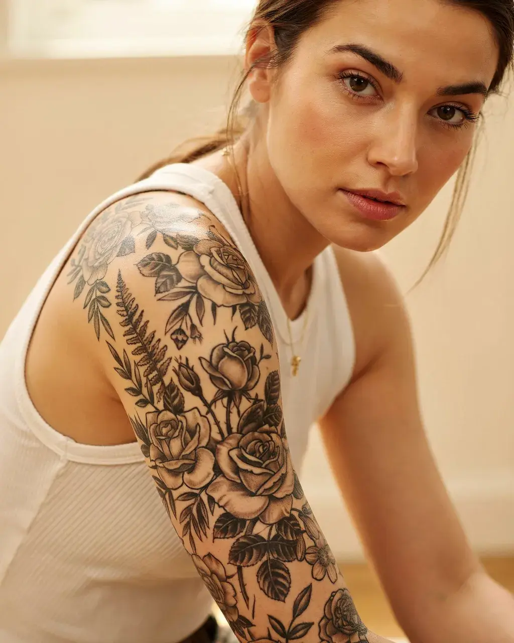 Editorial portrait of a woman with an elaborate botanical tattoo sleeve, dense black linework of roses and ferns, warm natural window light, intimate documentary framing.
