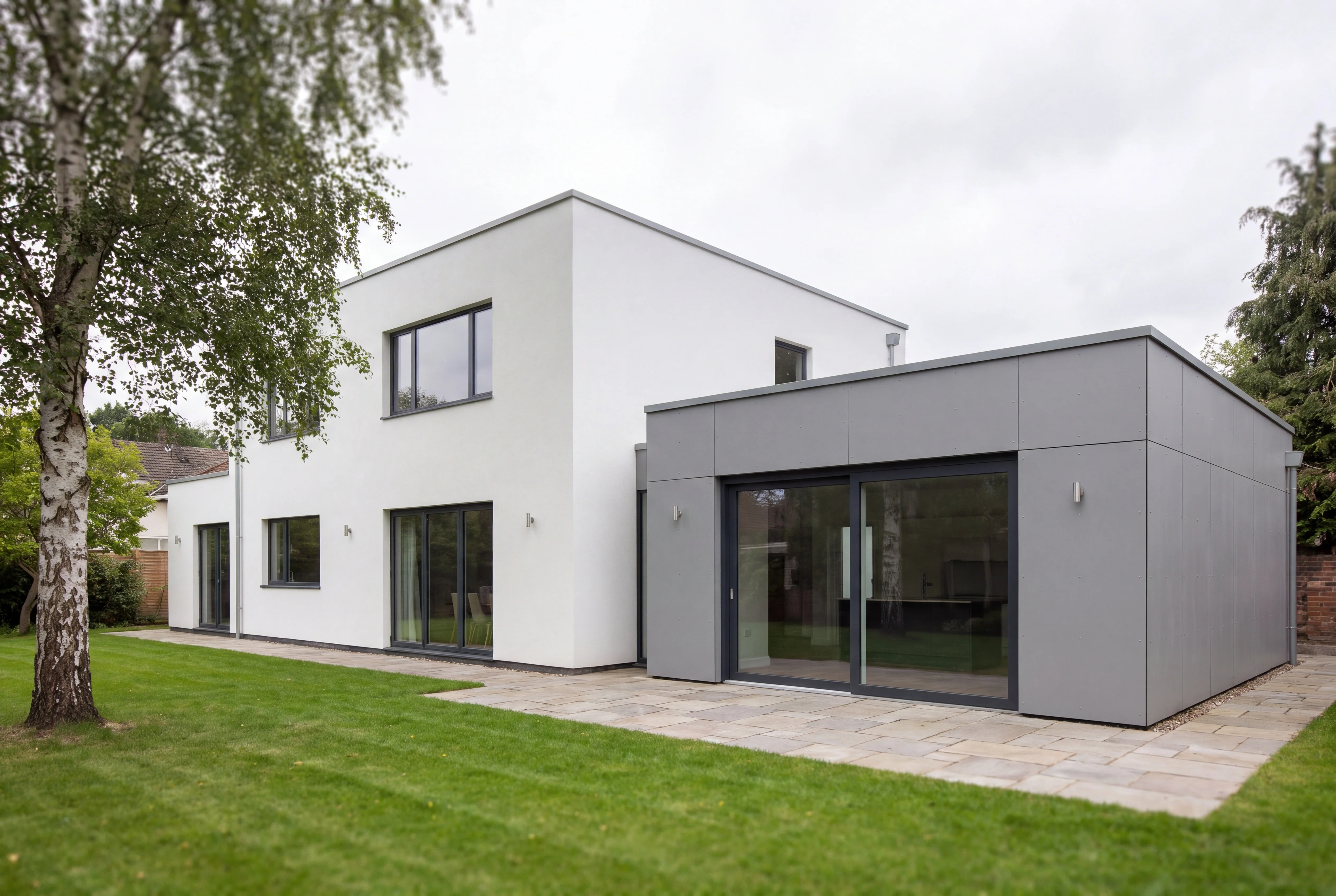 A white rendered house with a single-story extension clad in grey panels
