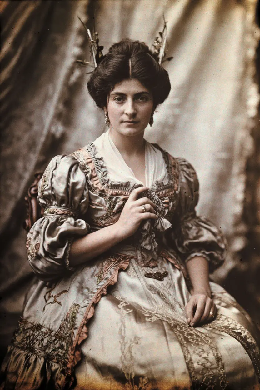 Victorian woman in elaborate dress, sepia portrait