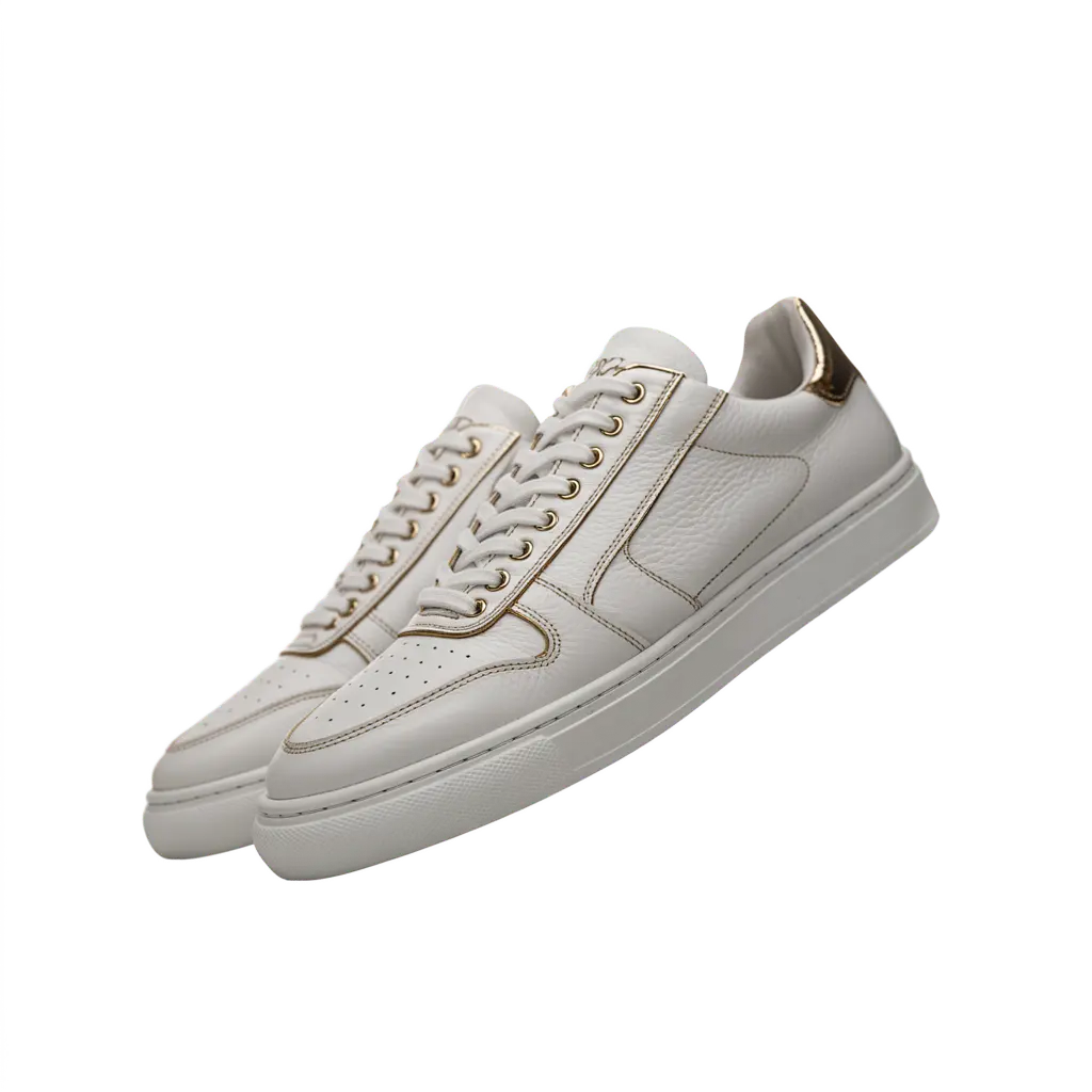 White leather sneakers on glossy reflective surface, background removed