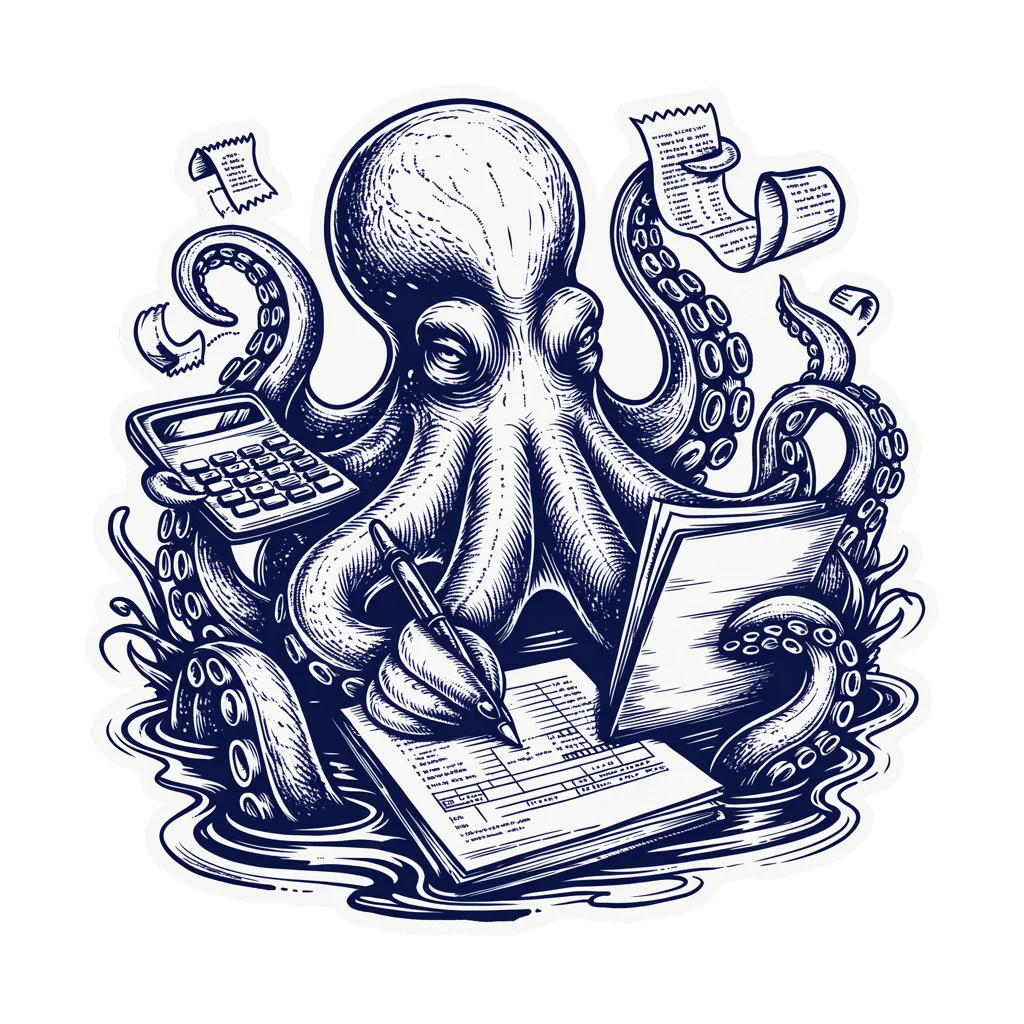 Detailed line-art octopus filing taxes with all eight arms simultaneously
