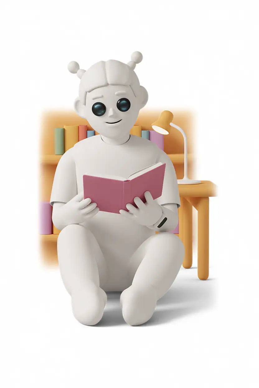 Friendly robot reading a book in a library