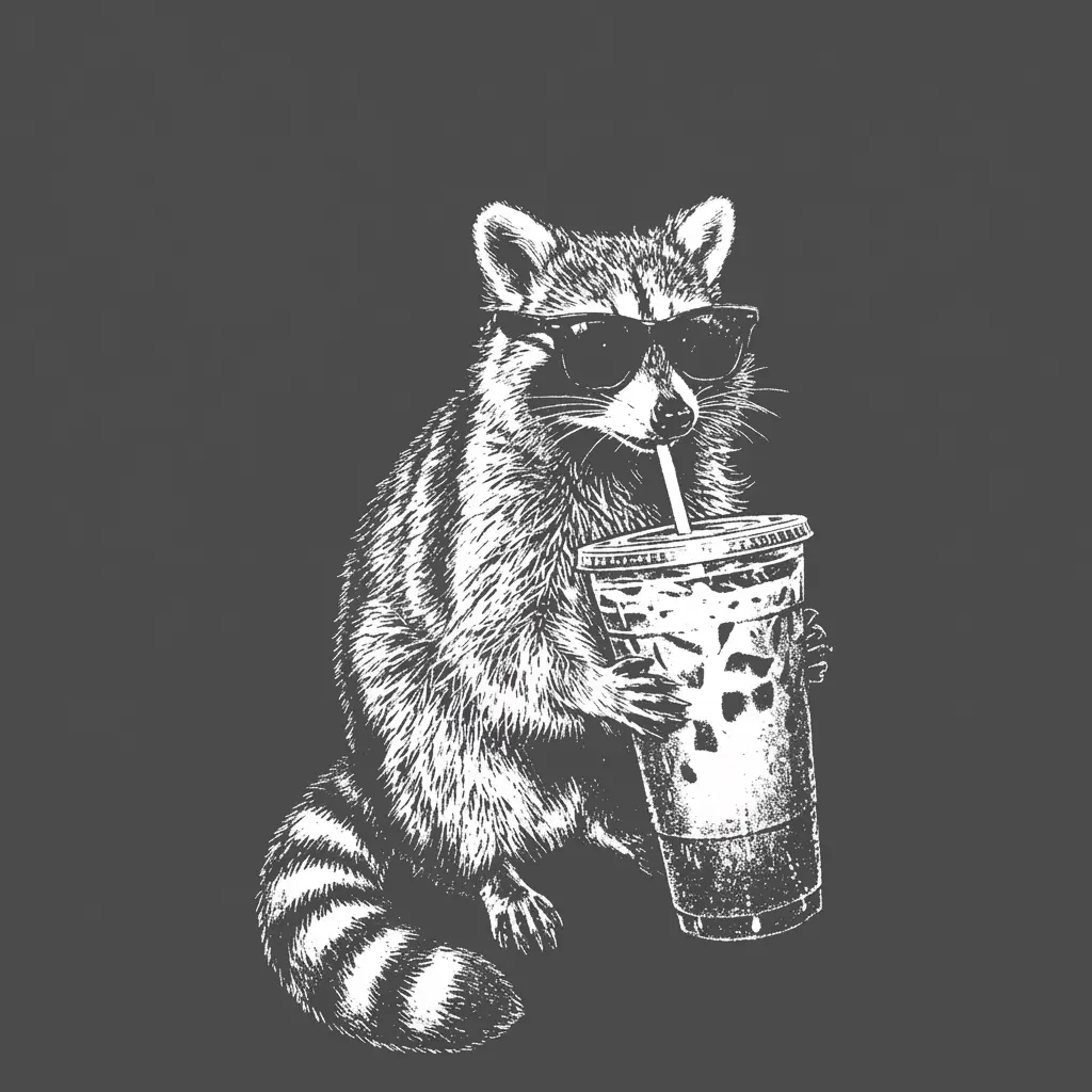 Raccoon sketch with sunglasses sipping bubble tea, original