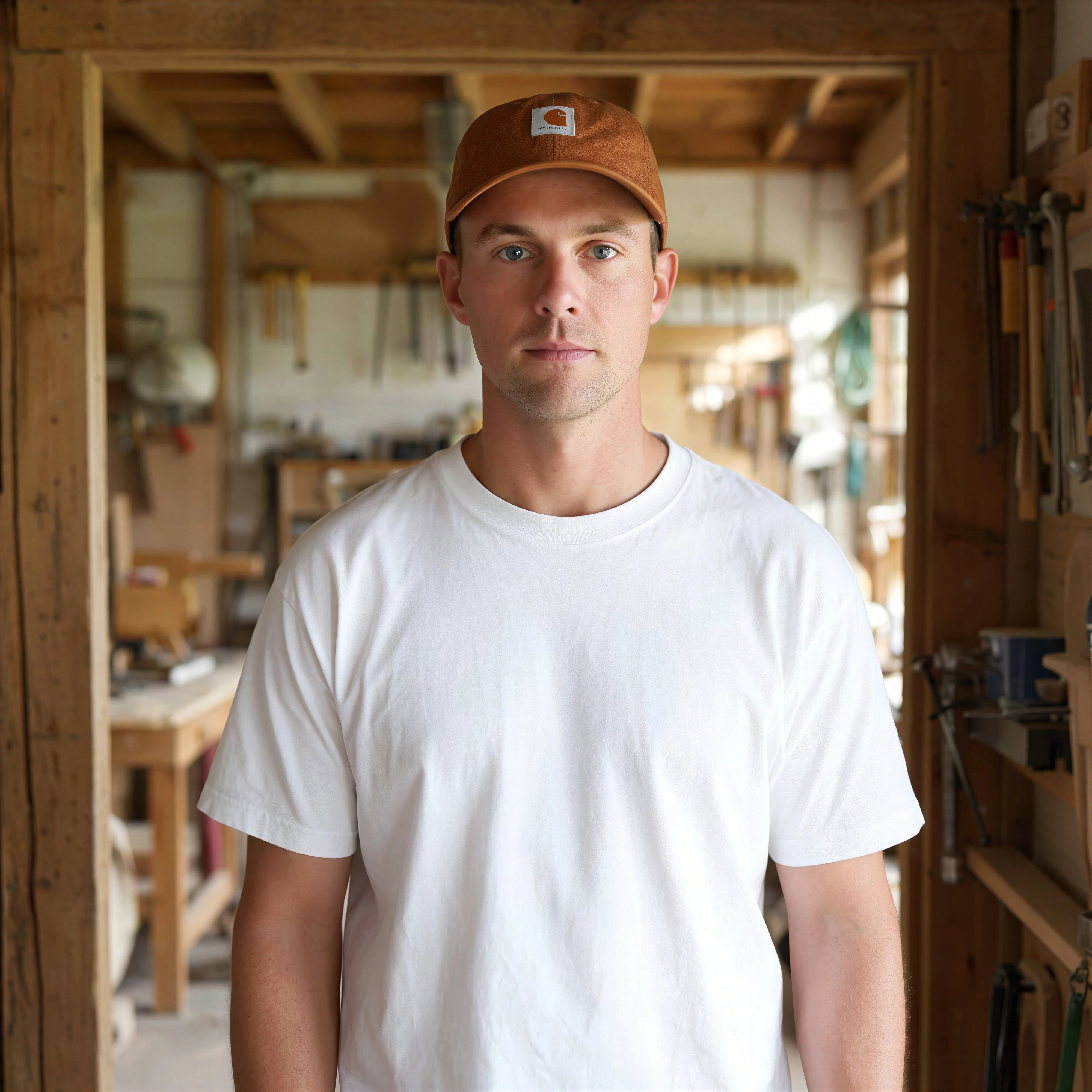 A man in a workshop wearing a brown cap whose woven label lettering is garbled