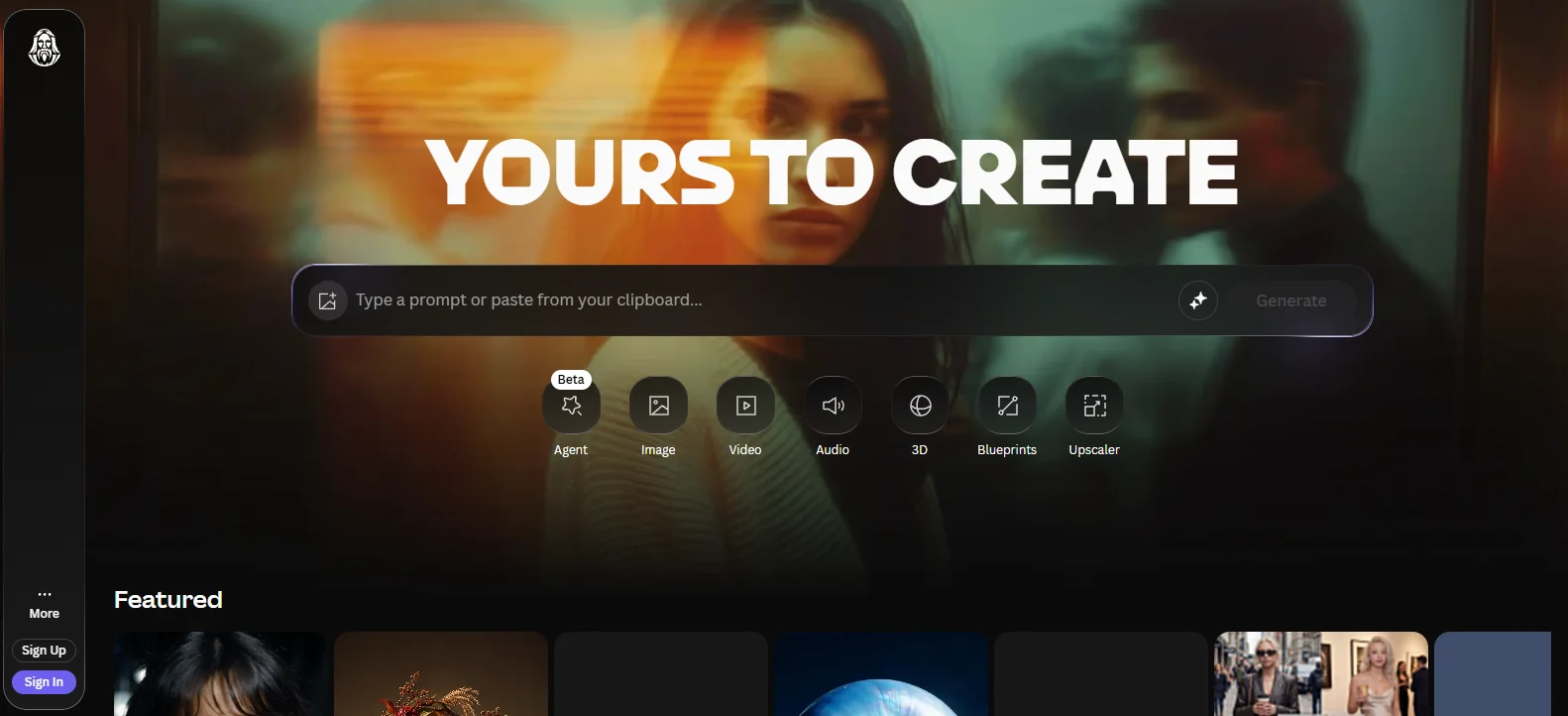 Leonardo creation page with the Yours to Create banner, prompt field, and image, video, and editing tools.