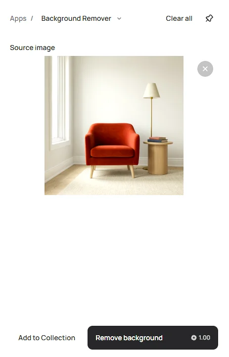 Ideogram's Background Remover with the furniture photo uploaded and a Remove background button that shows a cost of 1.00 credit.